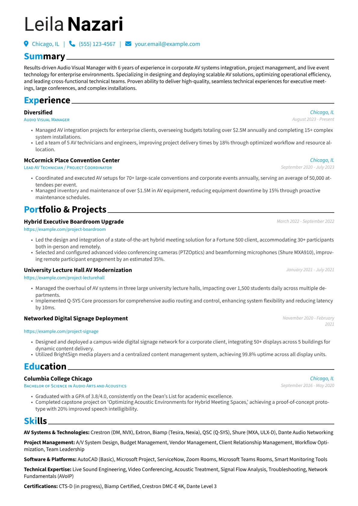 Audio Visual Manager resume example, Corporate AV Integration, page 1