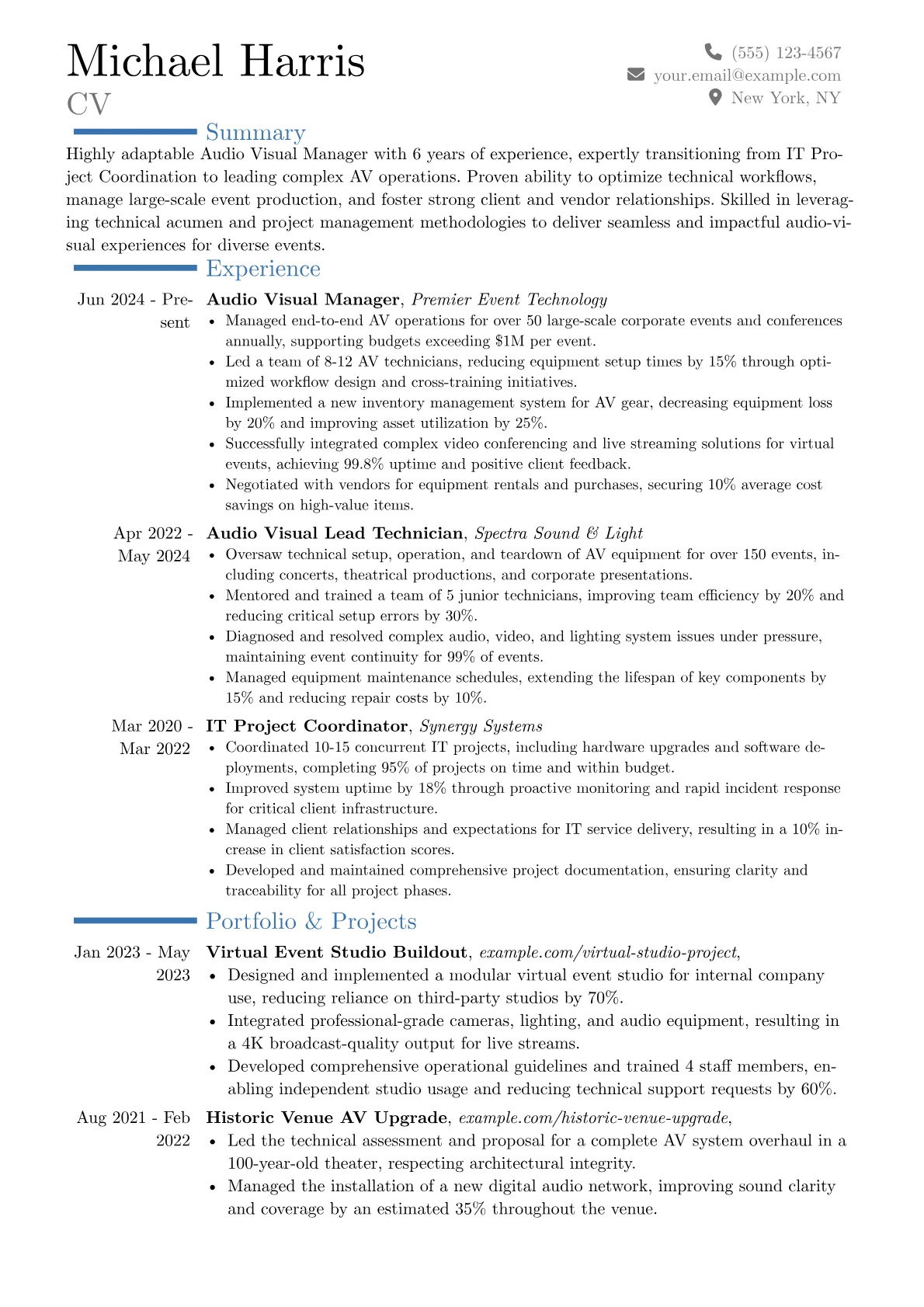 Audio Visual Manager resume example, Career changer, page 1
