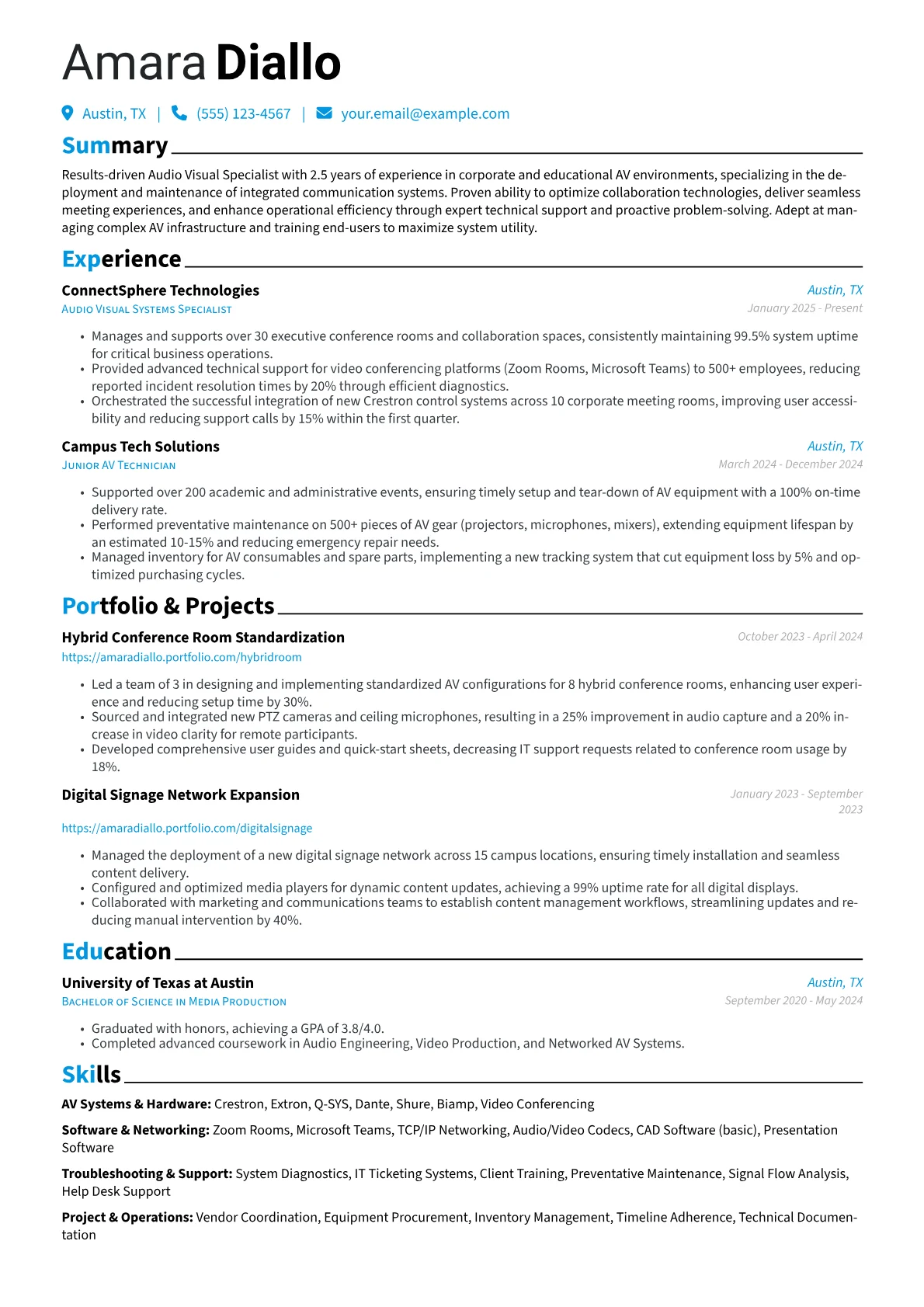 Audio Visual Specialist resume example, AV Systems & Hardware, page 1