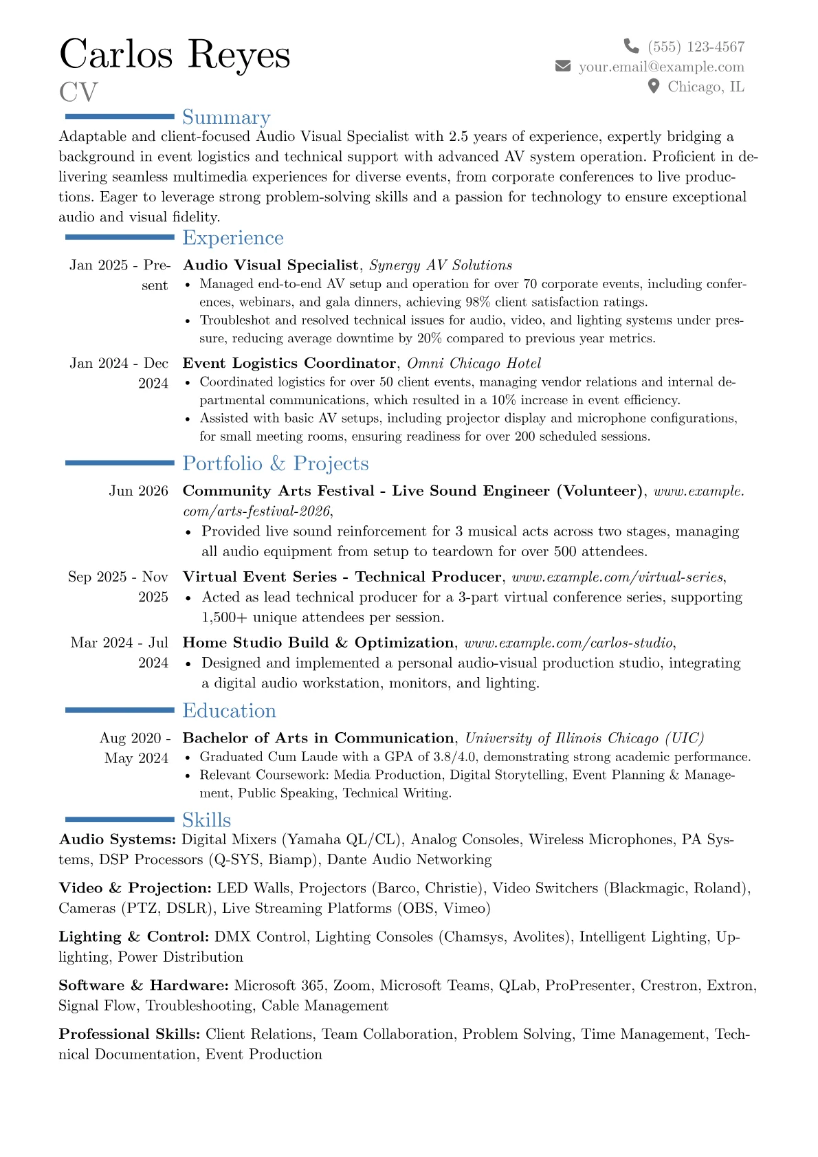 Audio Visual Specialist resume example, Career changer, page 1