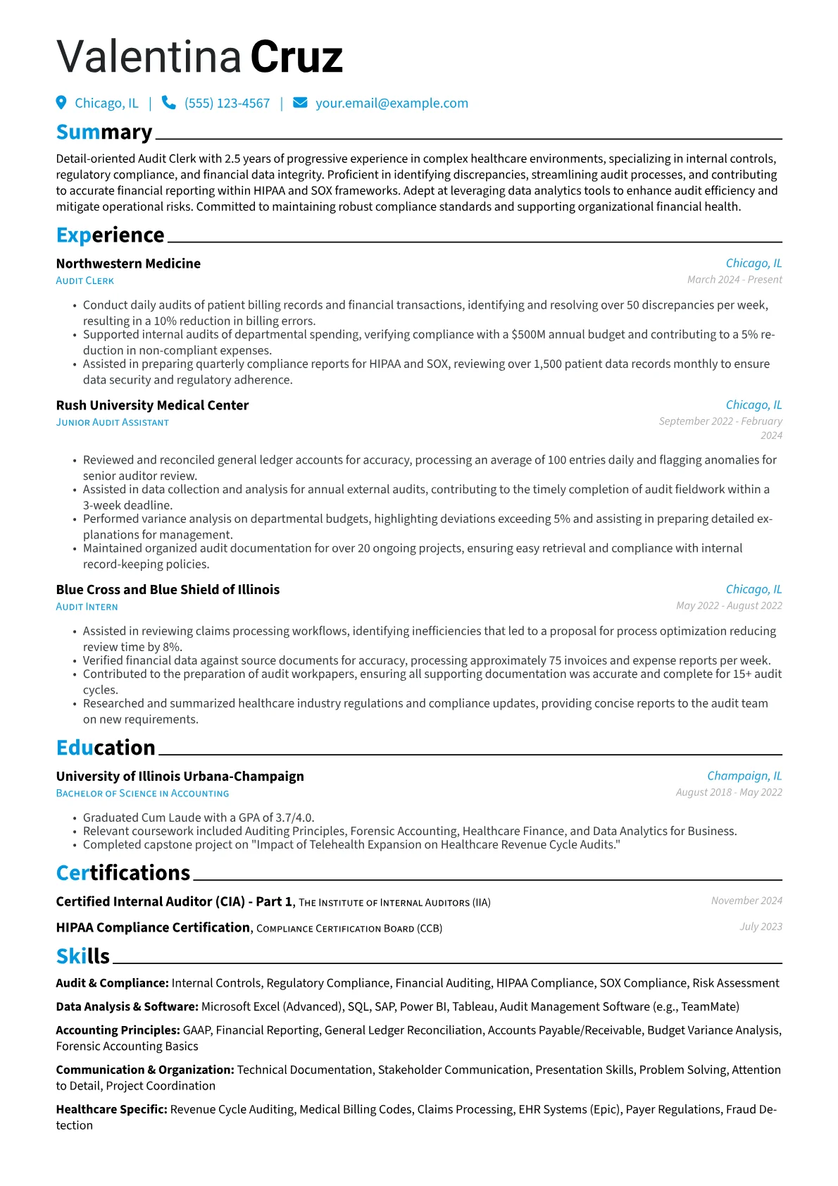 Audit Clerk resume example, Healthcare Audit, page 1