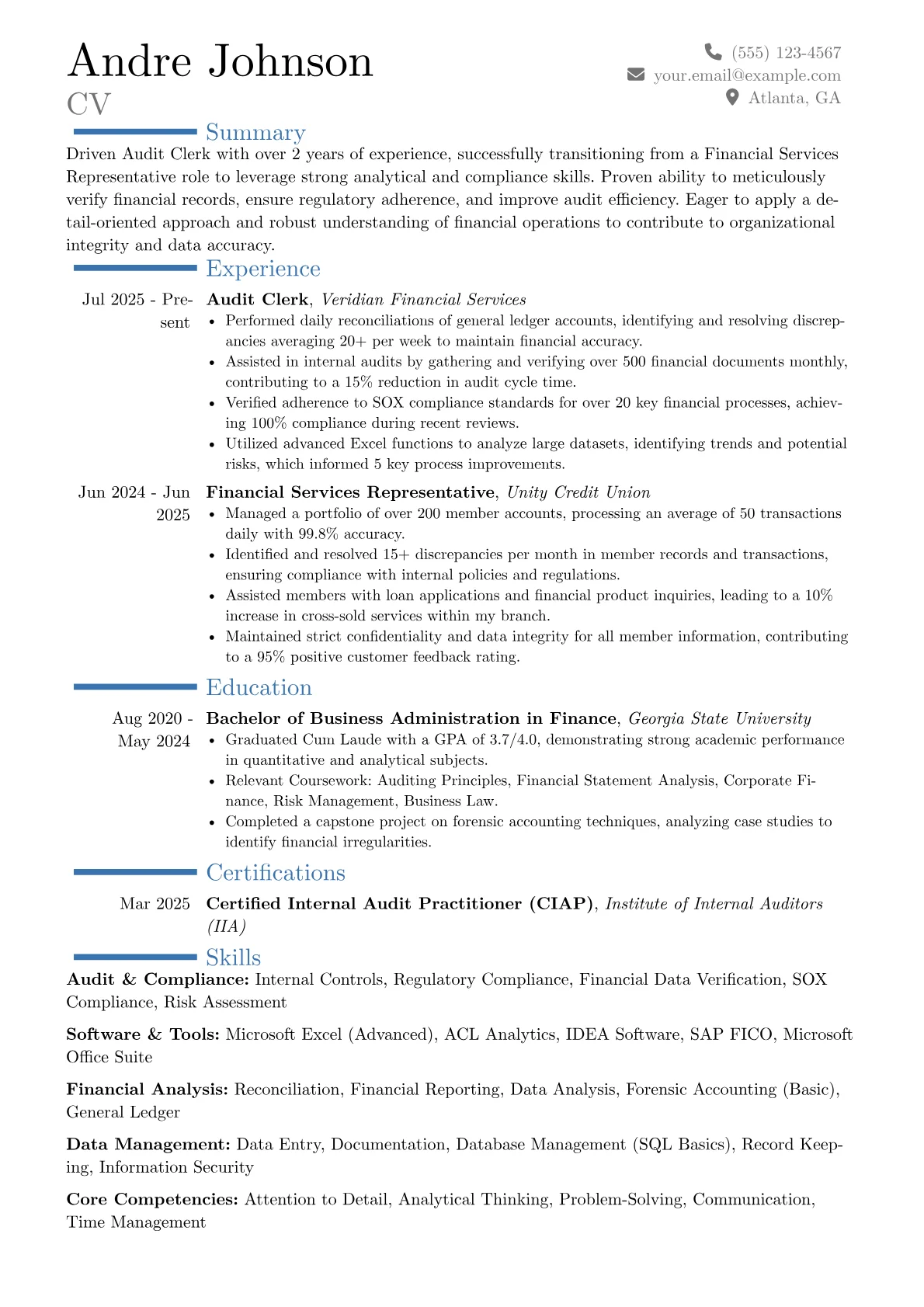 Audit Clerk resume example, Career changer, page 1