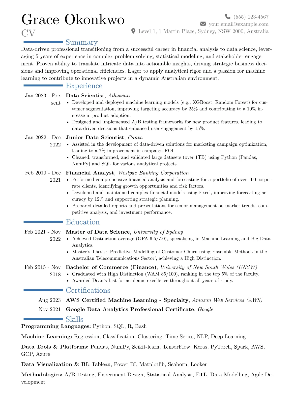 Australian resume example, Career changer, page 1
