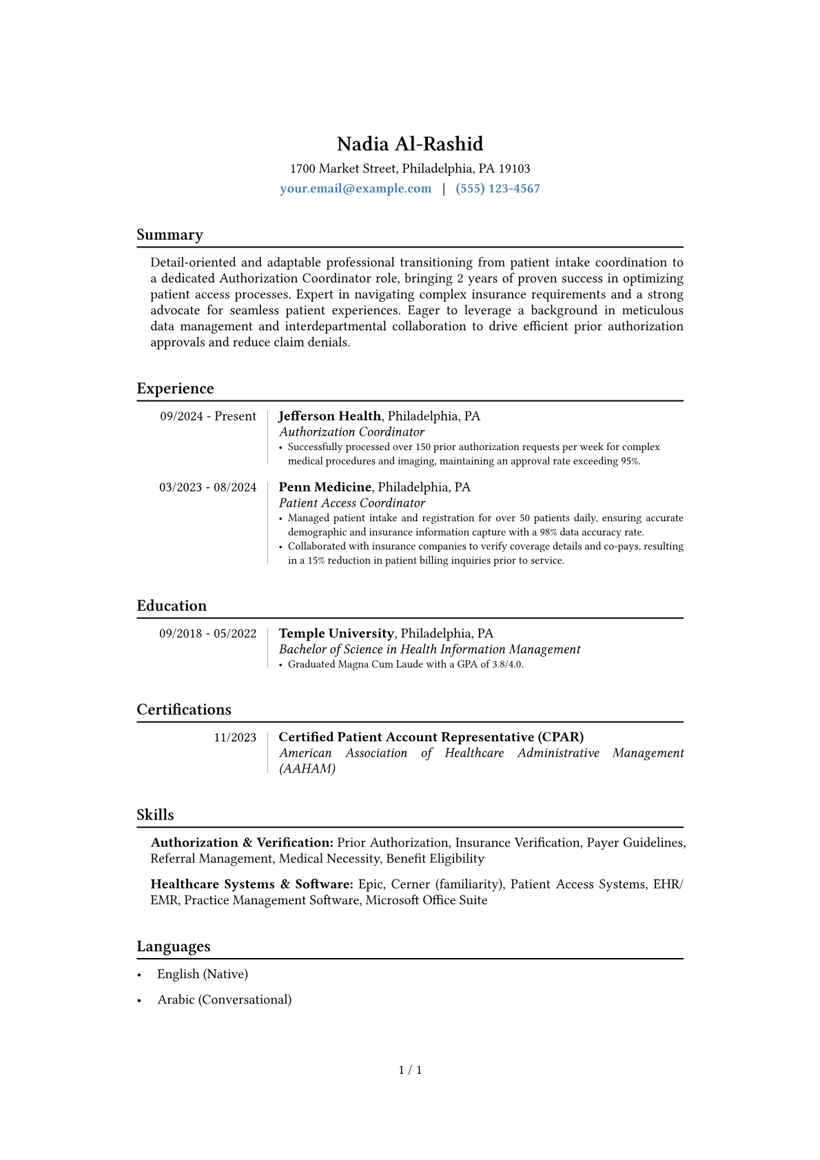 Authorization Coordinator resume example, Career changer, page 1