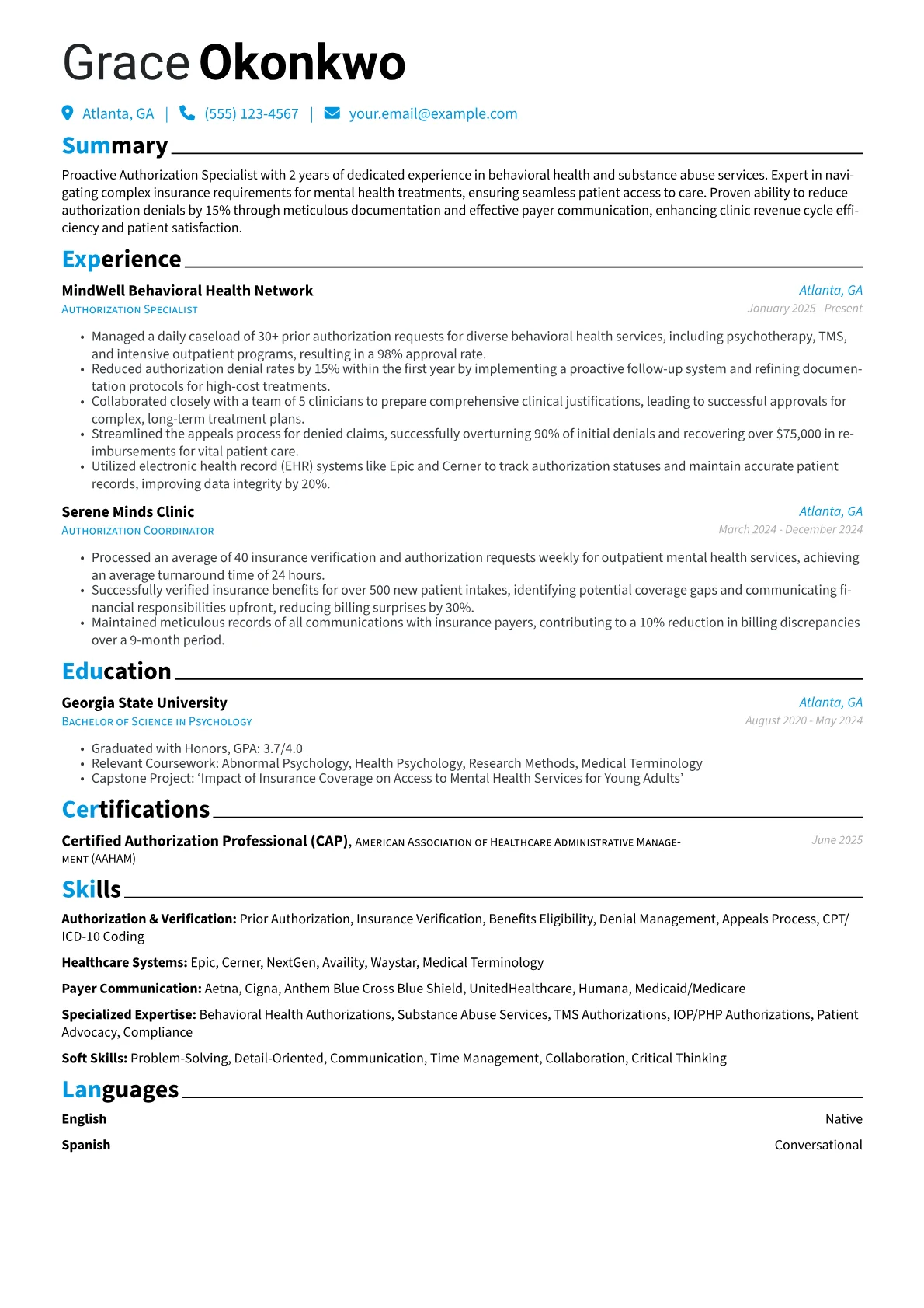 Authorization Specialist resume example, Mental Health, page 1