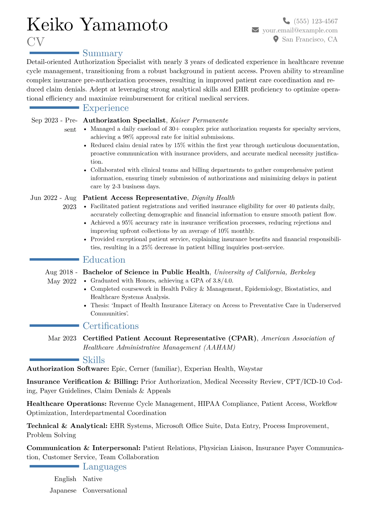 Authorization Specialist resume example, Career changer, page 1