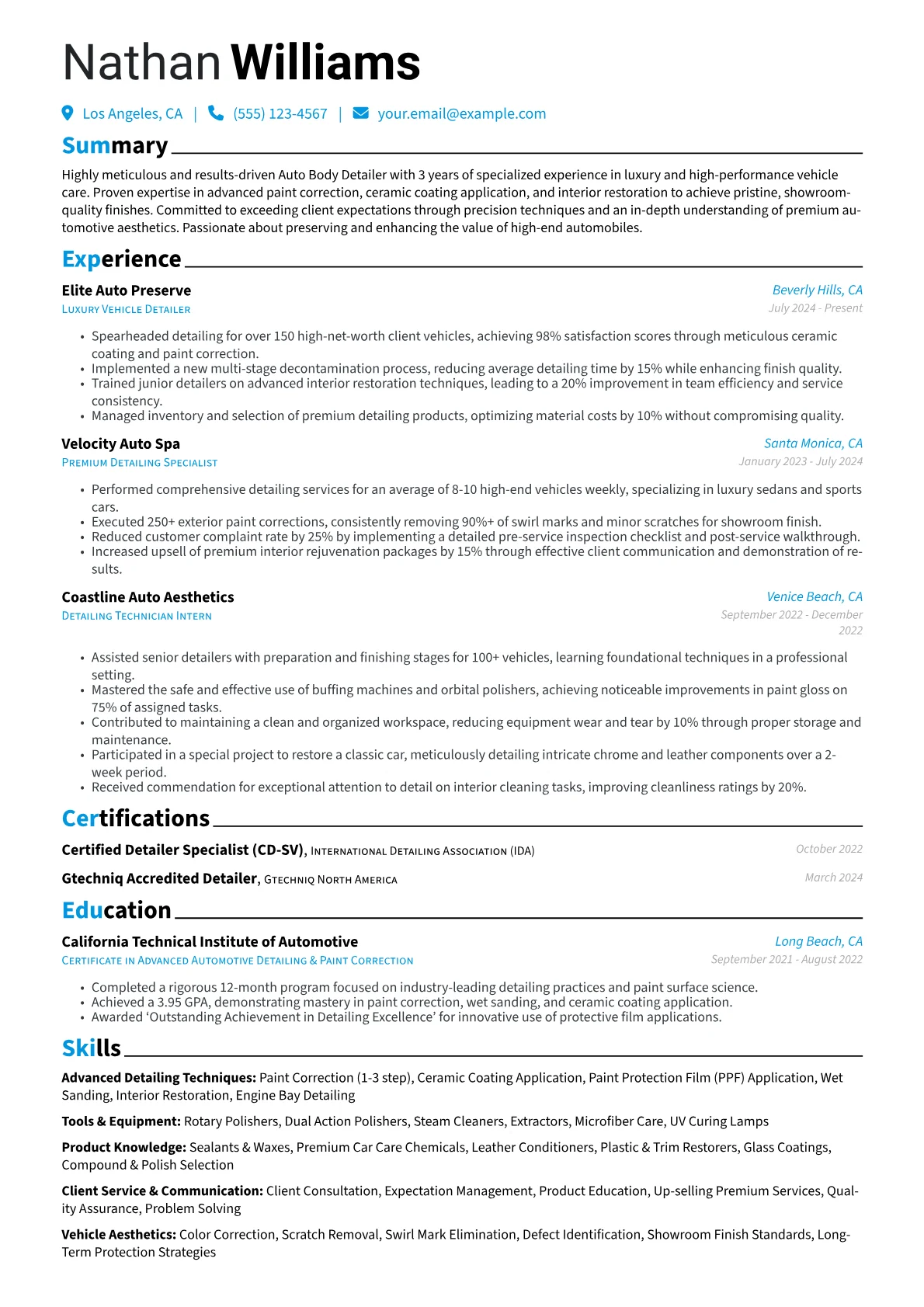 Auto Body Detailer resume example, Luxury & High-Performance, page 1