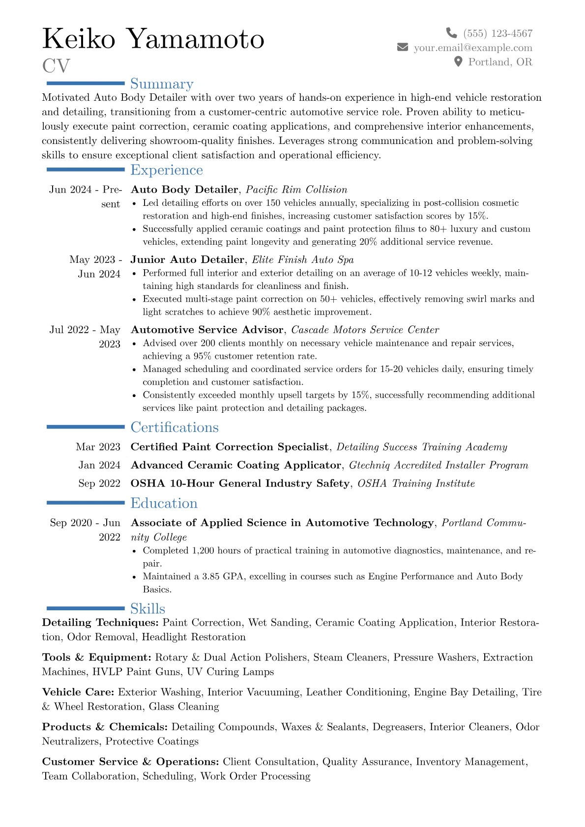 Auto Body Detailer resume example, Career changer, page 1