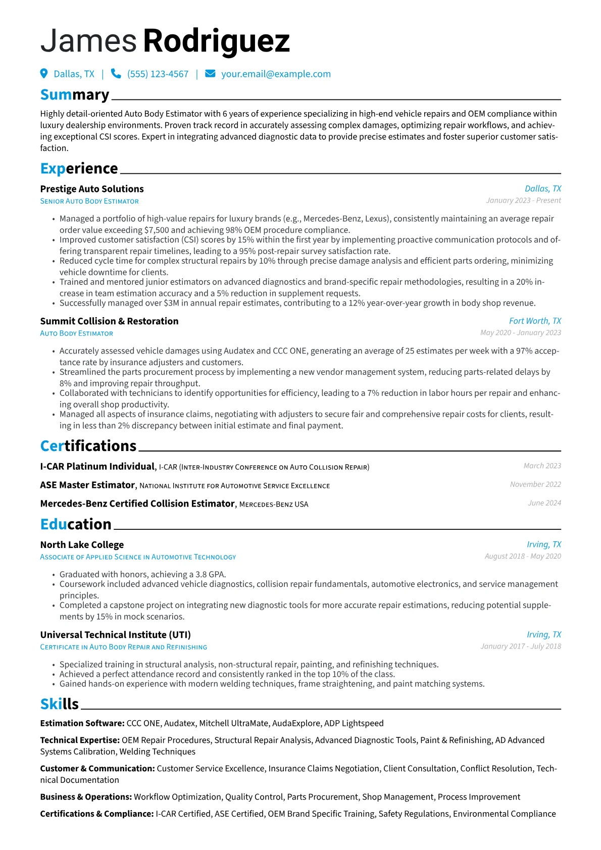 Auto Body Estimator resume example, Luxury Dealership, page 1