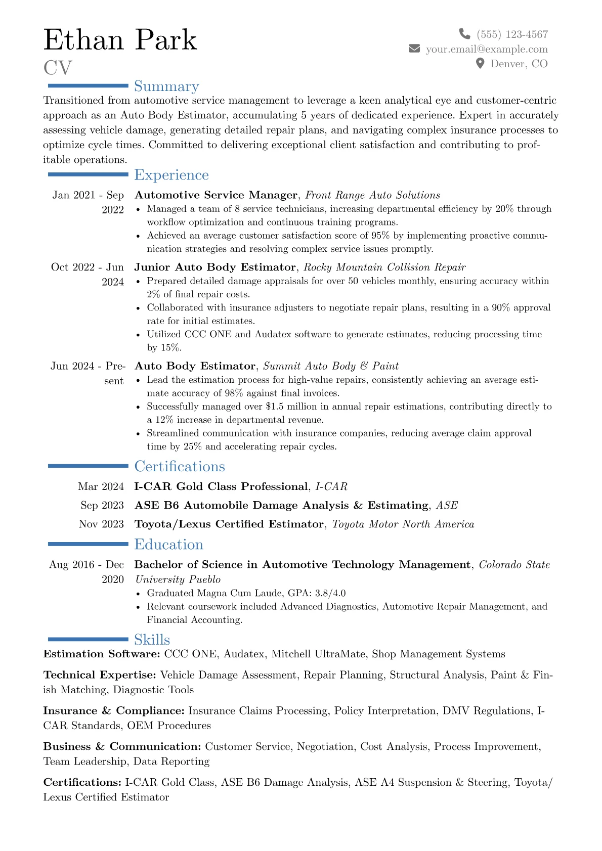 Auto Body Estimator resume example, Career changer, page 1
