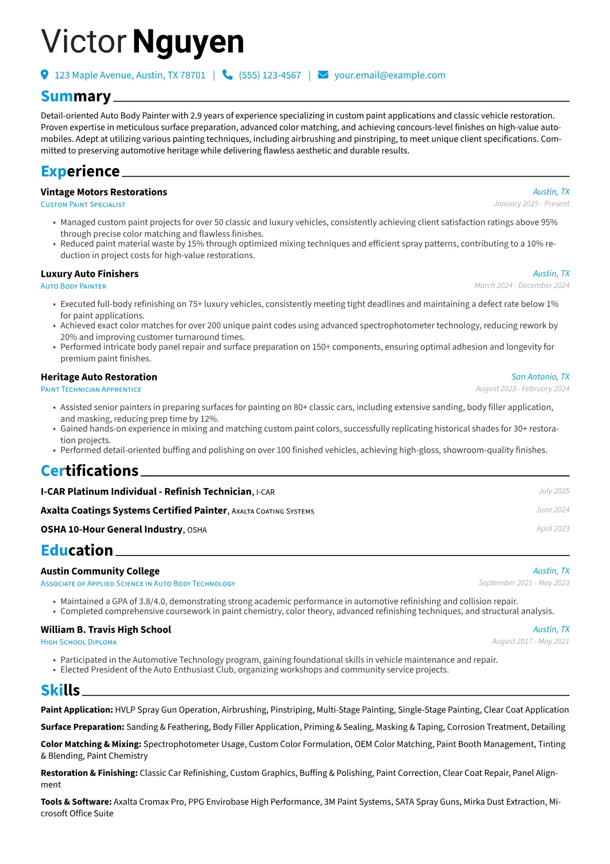 Auto Body Painter resume example, Custom & Classic Car, page 1