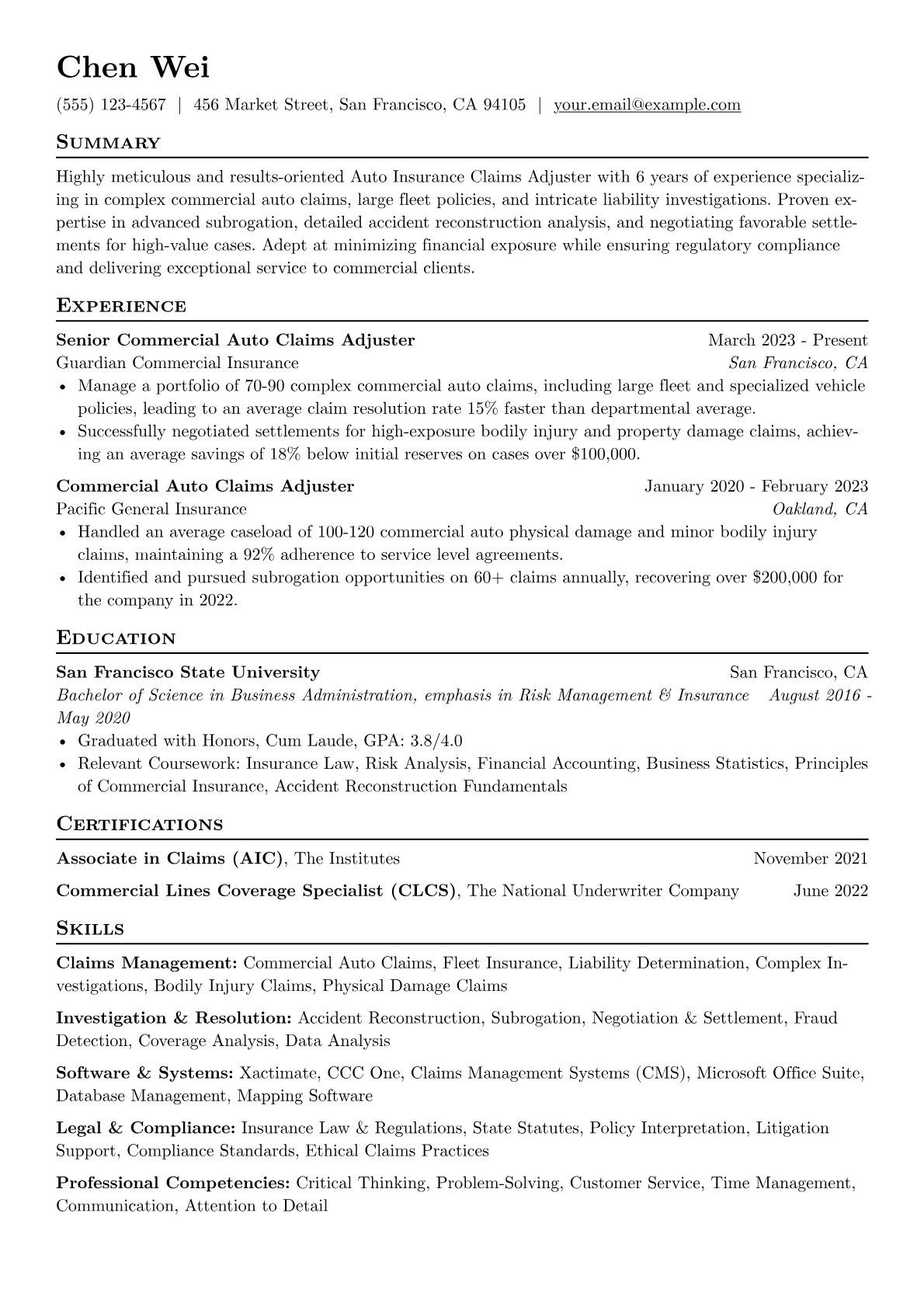 Auto Insurance Claims Adjuster resume example, Commercial Fleet & Complex, page 1