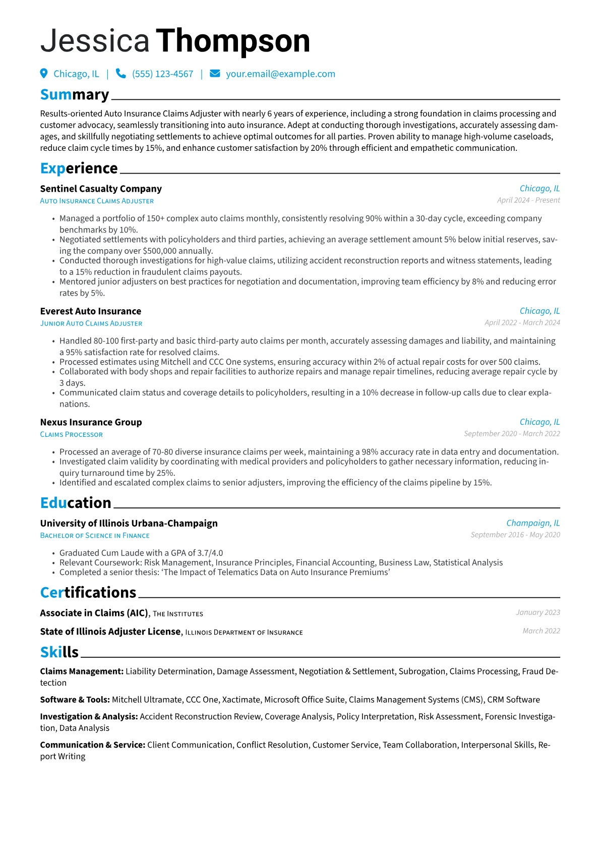 Auto Insurance Claims Adjuster resume example, Career changer, page 1