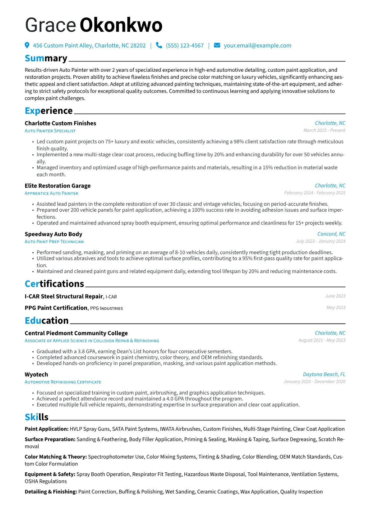 Auto Painter resume example, Custom & Luxury Vehicle, page 1