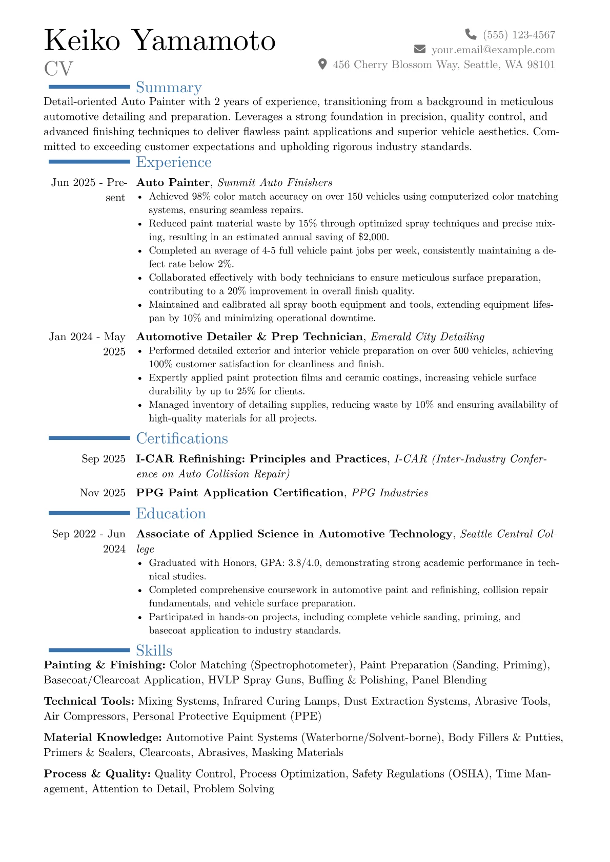 Auto Painter resume example, Career changer, page 1