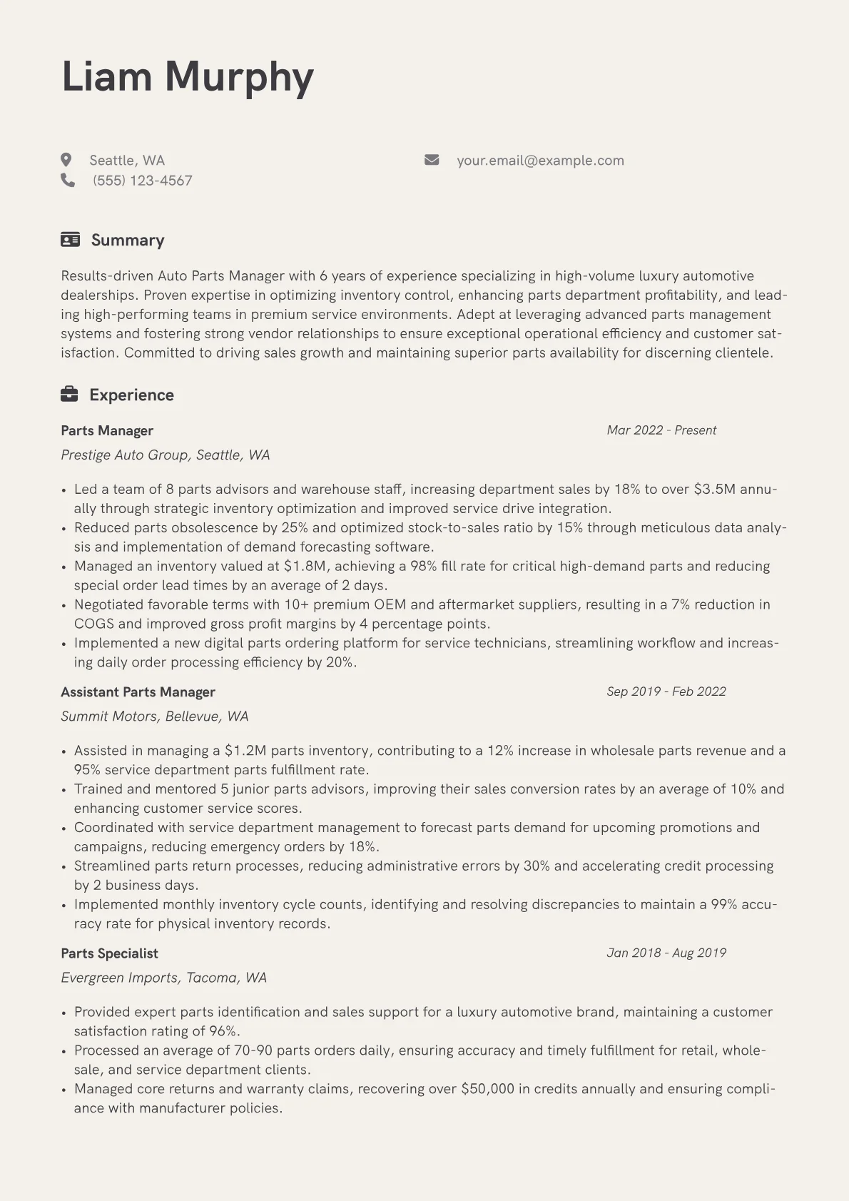 Auto Parts Manager resume example, Luxury Dealership Auto, page 1