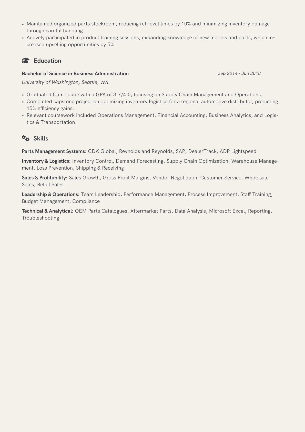 Auto Parts Manager resume example, Luxury Dealership Auto, page 2