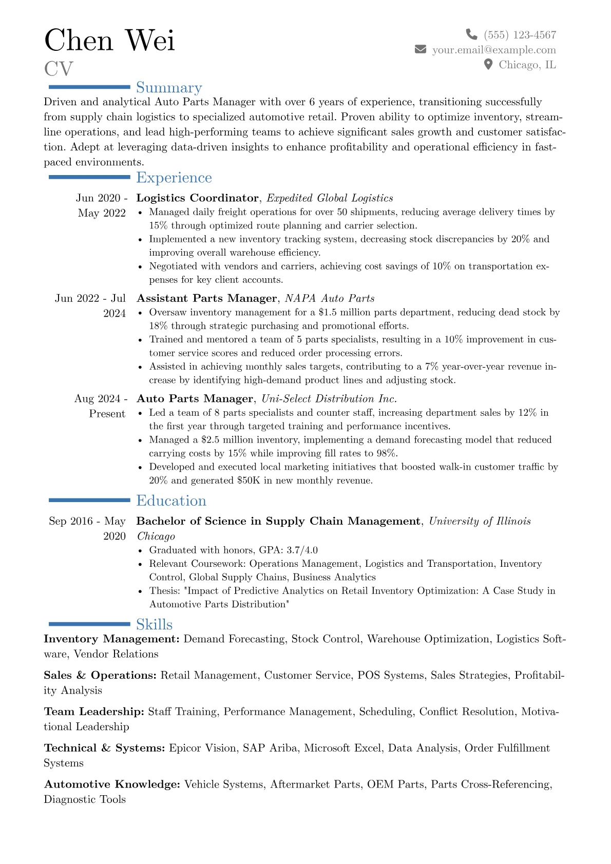 Auto Parts Manager resume example, Career changer, page 1