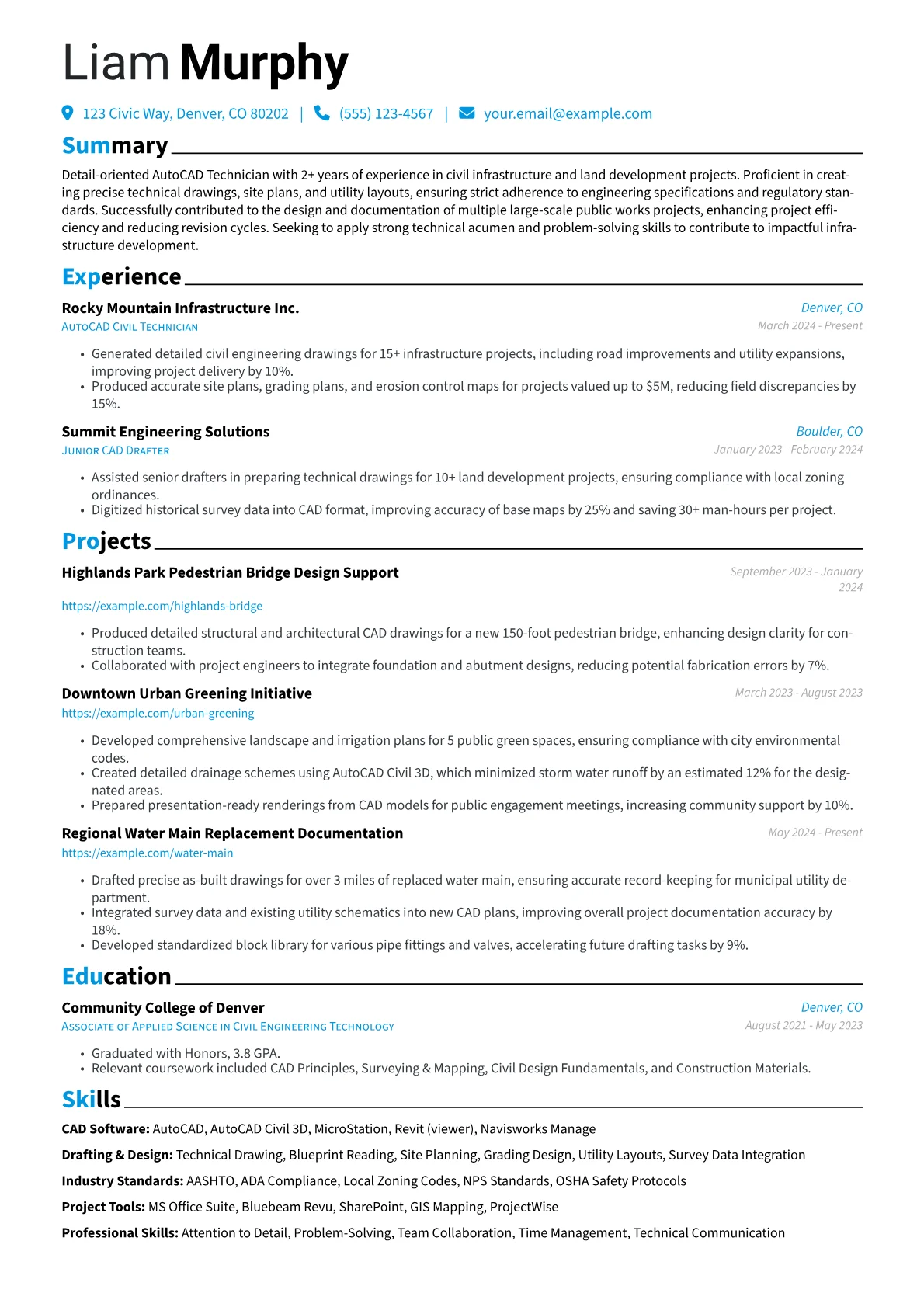 AutoCAD Technician resume example, Civil Infrastructure, page 1