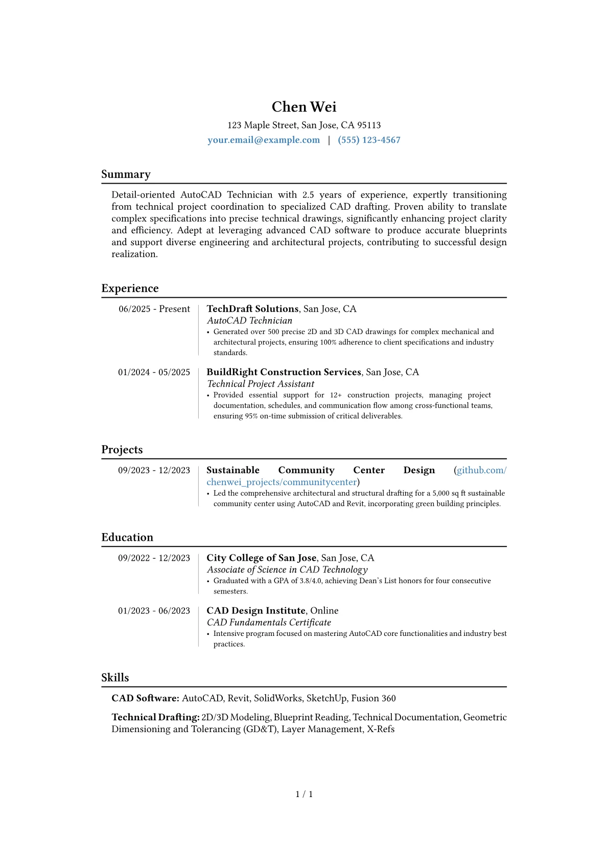 AutoCAD Technician resume example, Career changer, page 1