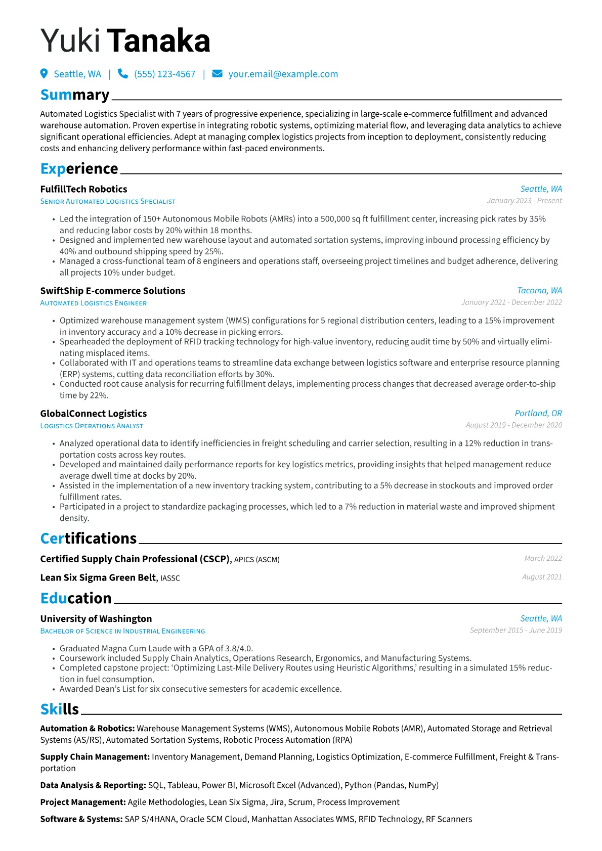 Automated Logistics Specialist resume example, E-commerce Fulfillment, page 1
