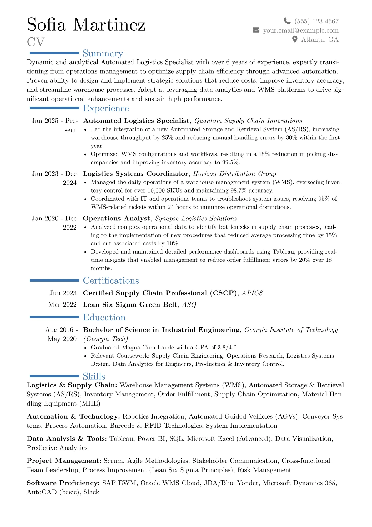 Automated Logistics Specialist resume example, Career changer, page 1