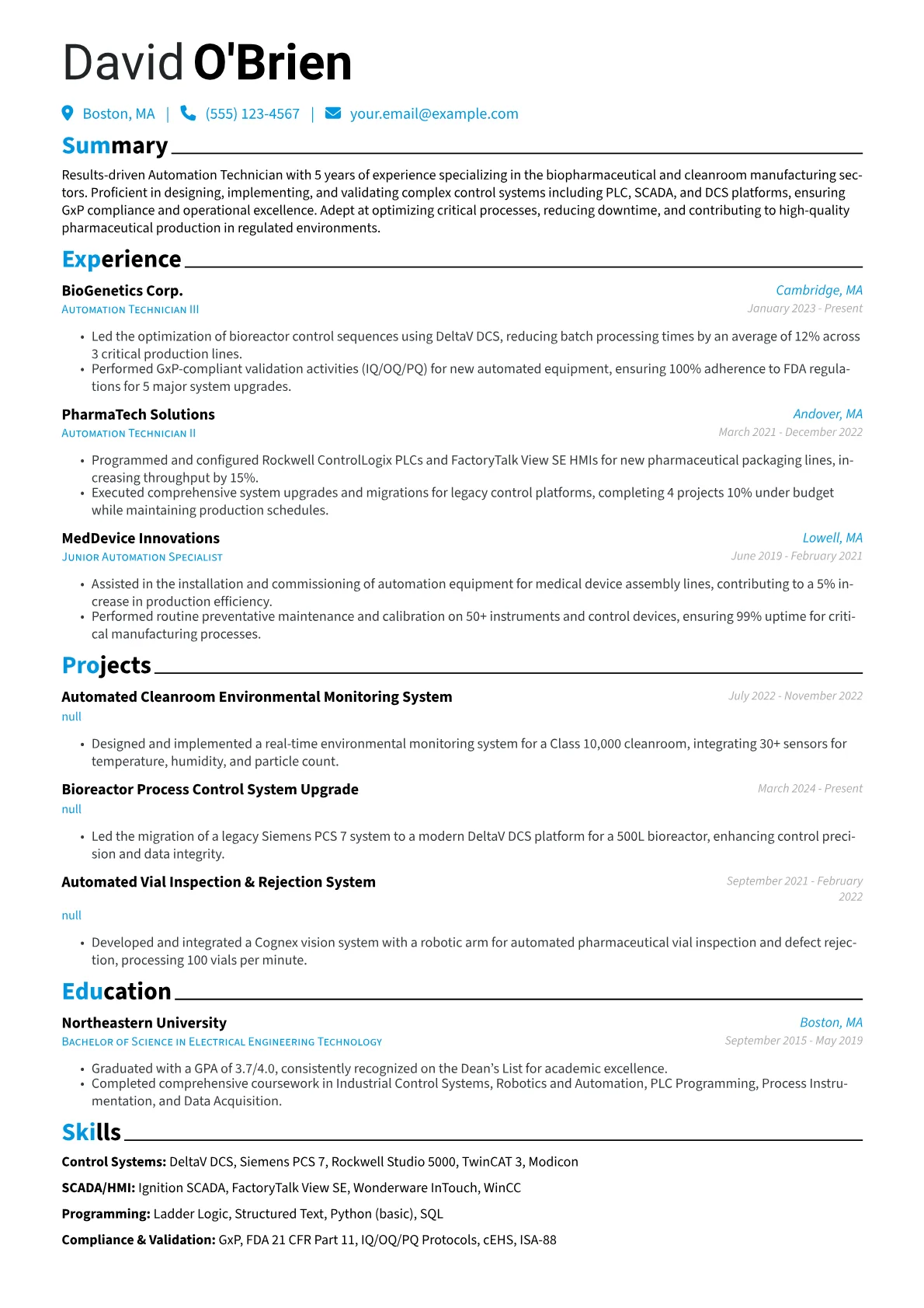 Automation Technician resume example, Biopharma & Cleanroom, page 1