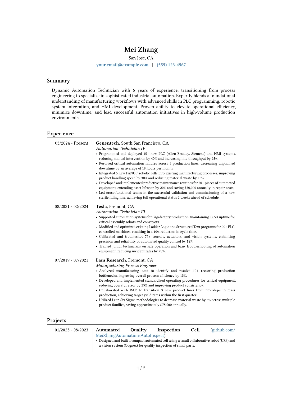 Automation Technician resume example, Career changer, page 1