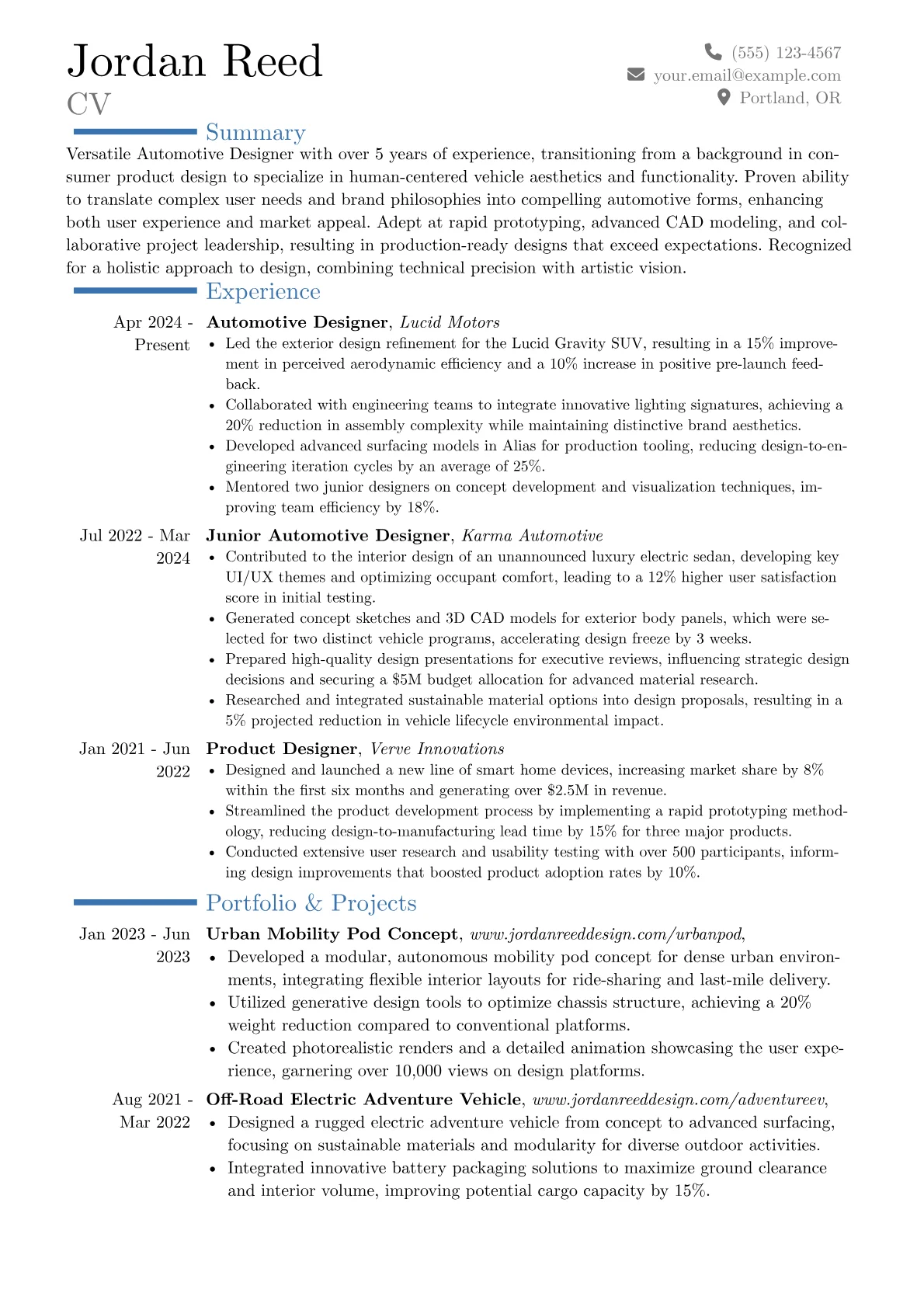 Automotive Designer resume example, Career changer, page 1