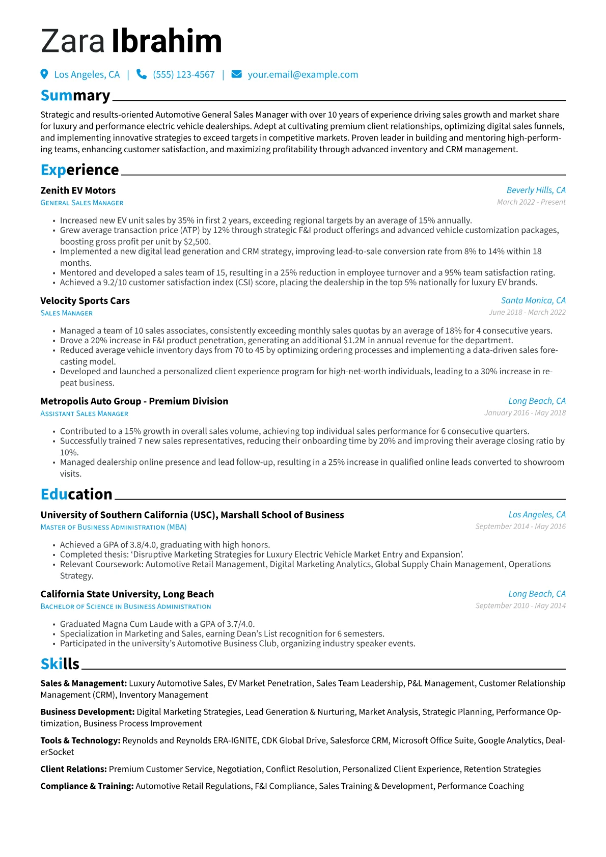 Automotive General Sales Manager resume example, Sales & Management, page 1