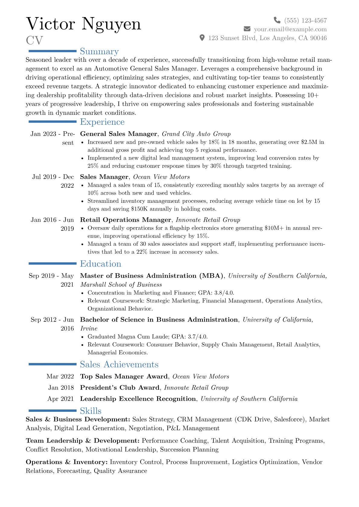 Automotive General Sales Manager resume example, Career changer, page 1