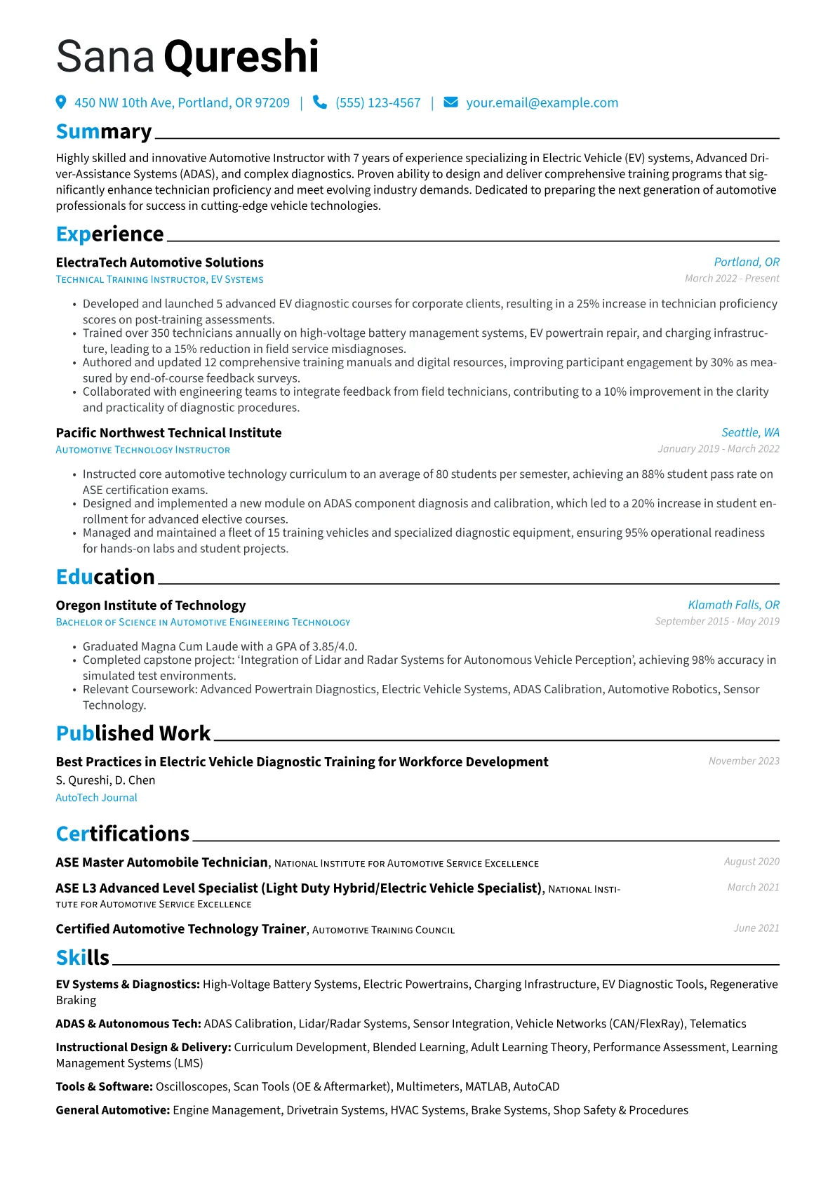 Automotive Instructor resume example, Automotive Instructor - EV, page 1