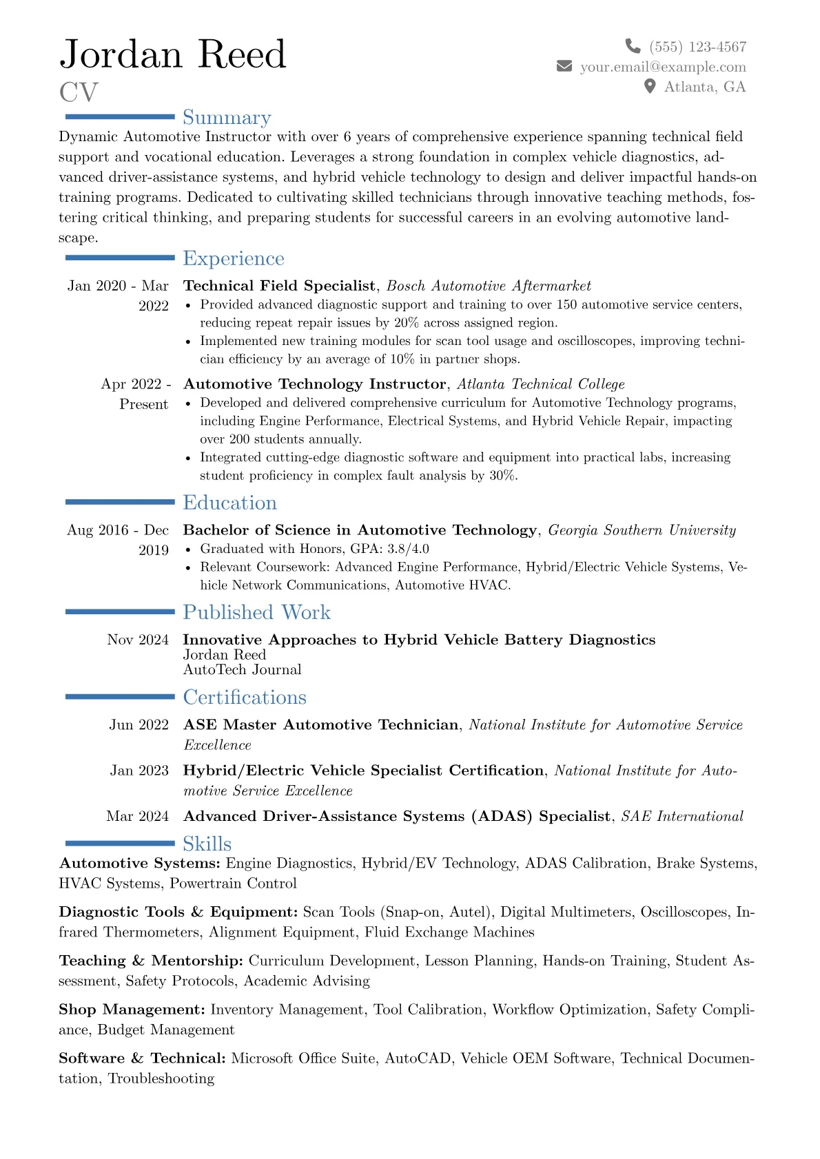 Automotive Instructor resume example, Career changer, page 1