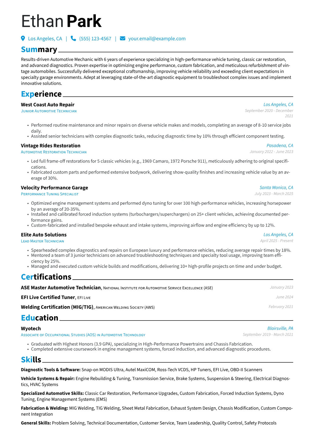 Automotive Mechanic resume example, Performance & Classic Car, page 1
