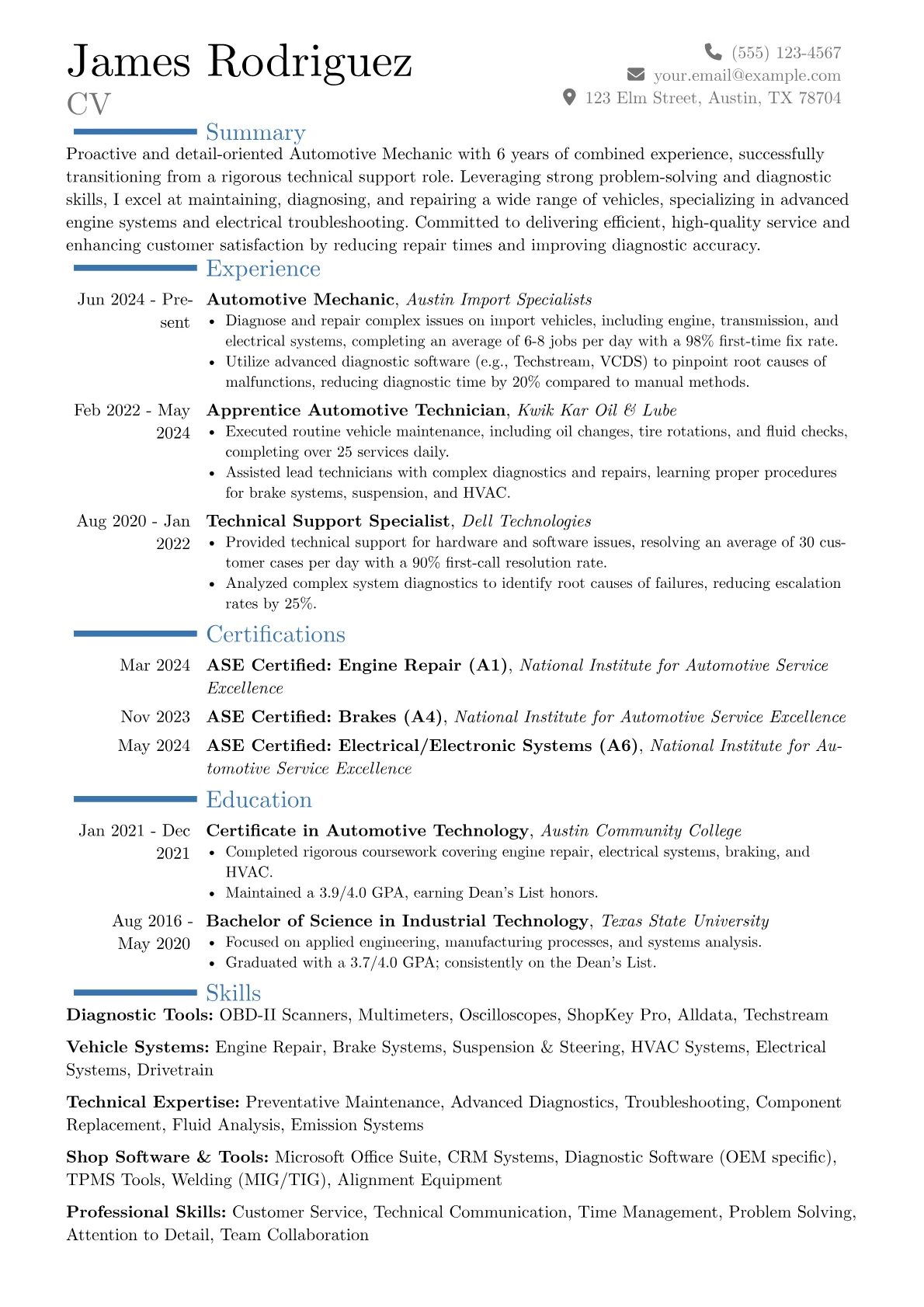 Automotive Mechanic resume example, Career changer, page 1