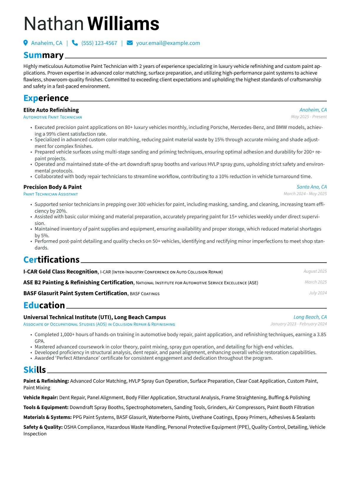 Automotive Paint Technician resume example, Automotive Paint, page 1