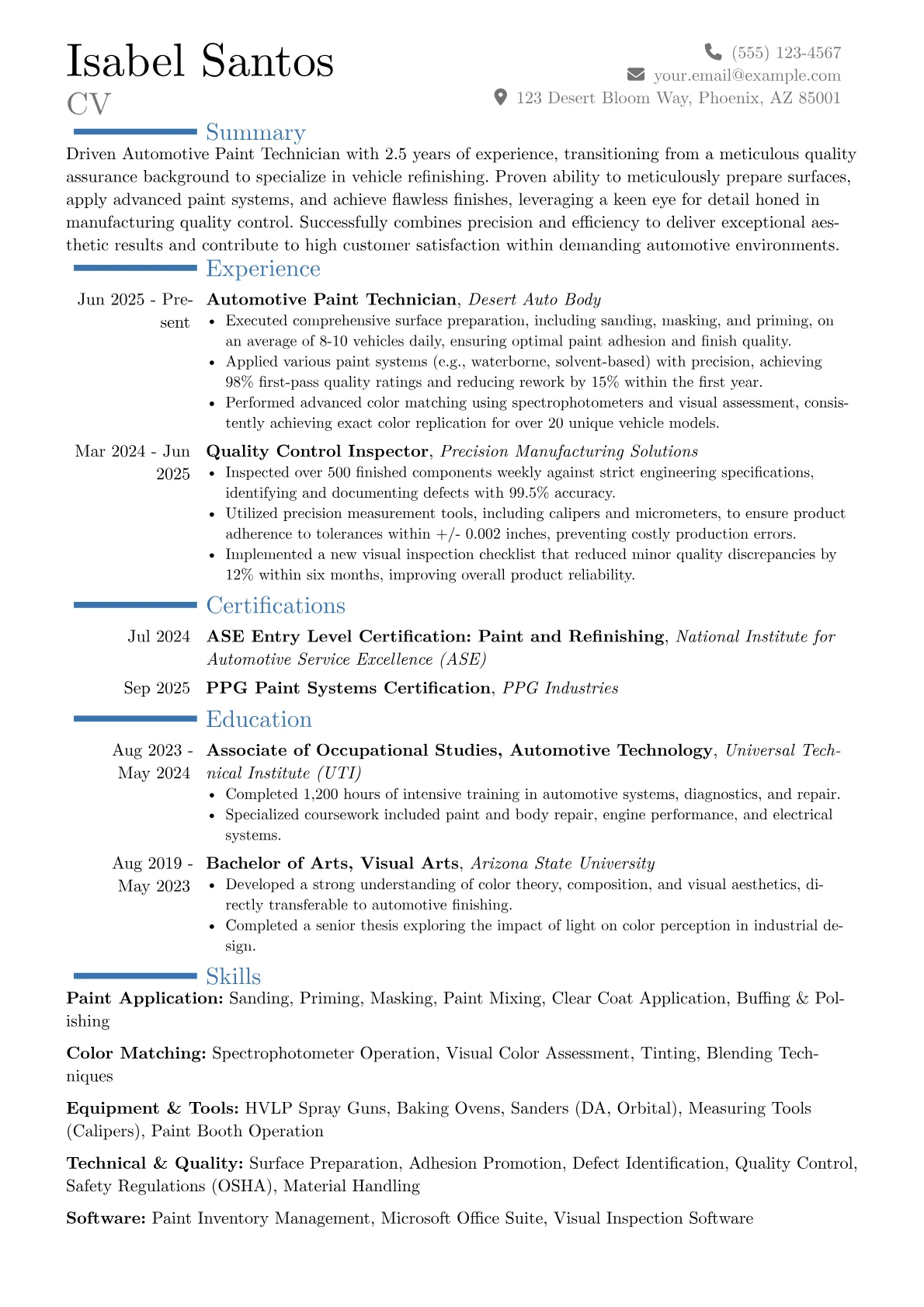 Automotive Paint Technician resume example, Career changer, page 1