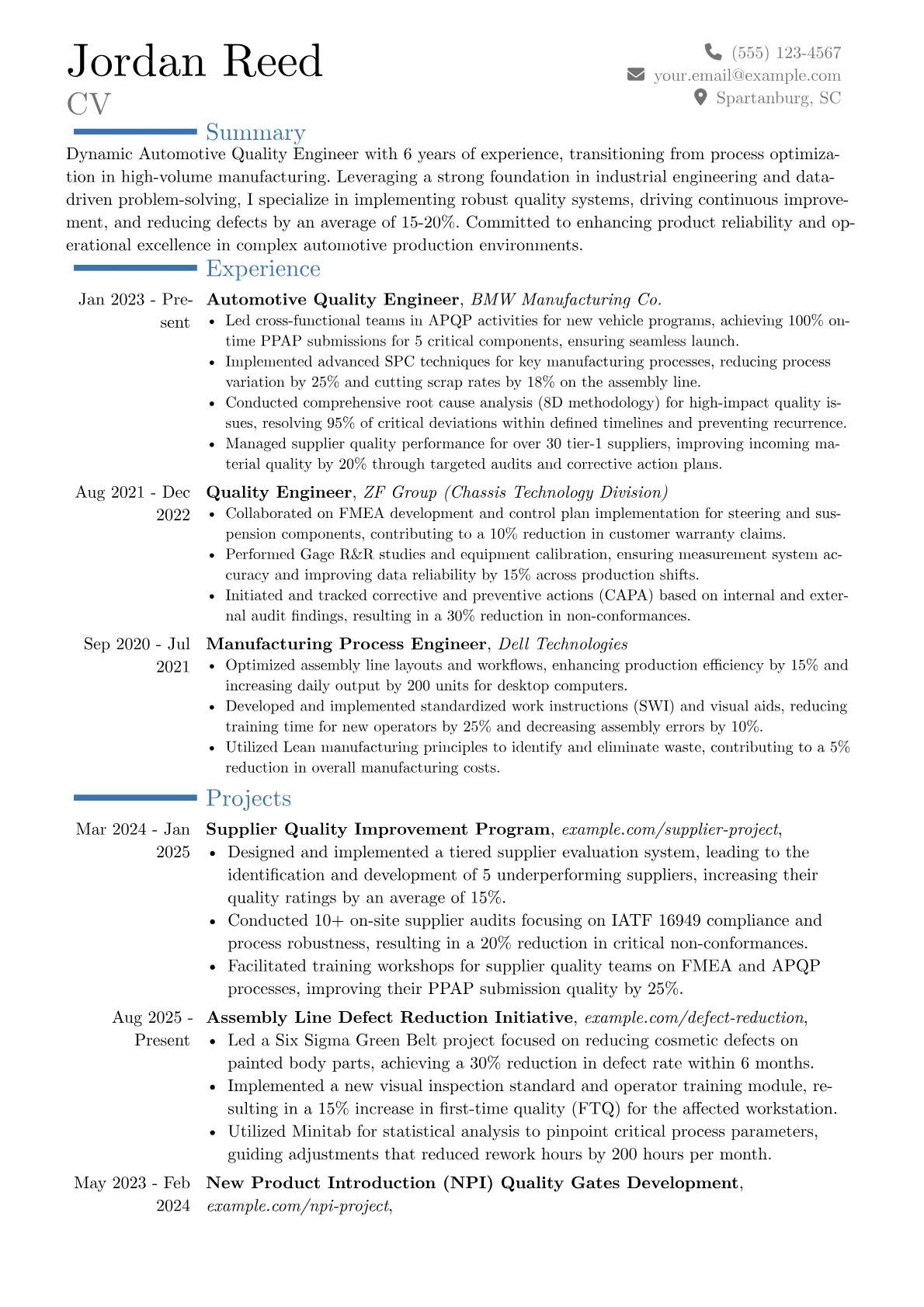 Automotive Quality Engineer resume example, Career changer, page 1