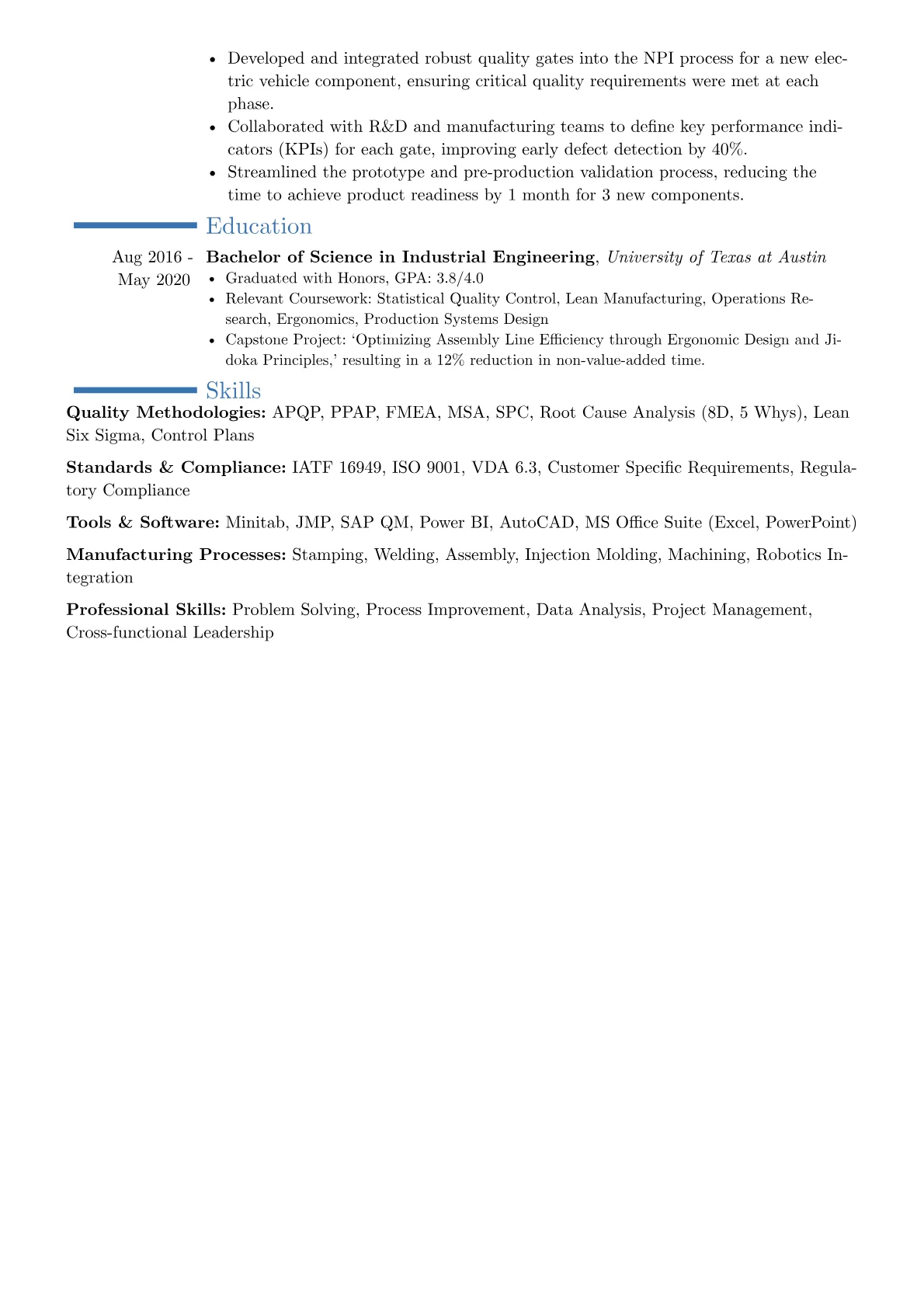 Automotive Quality Engineer resume example, Career changer, page 2