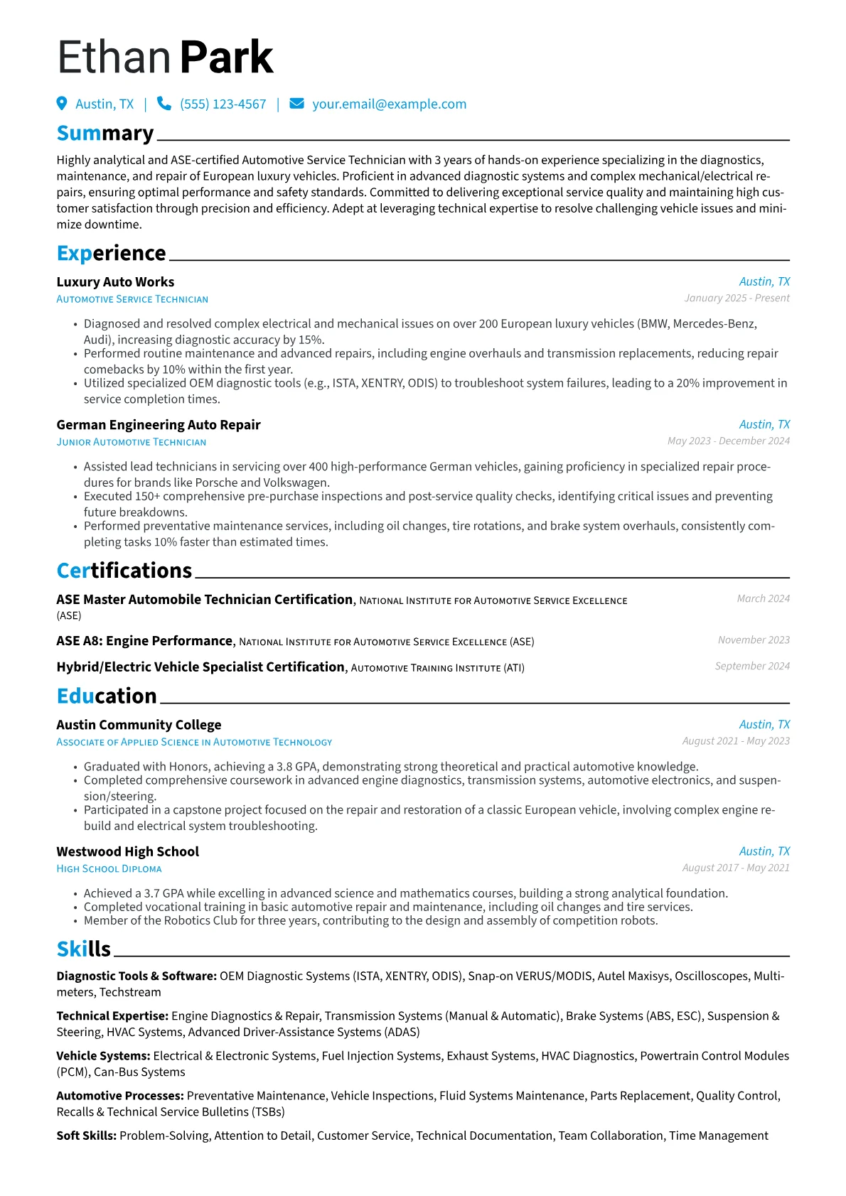 Automotive Service Technician resume example, Luxury & European Vehicle, page 1