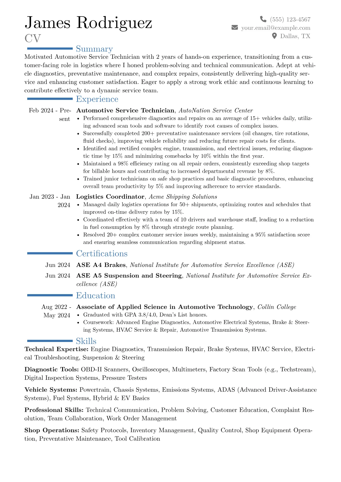Automotive Service Technician resume example, Career changer, page 1
