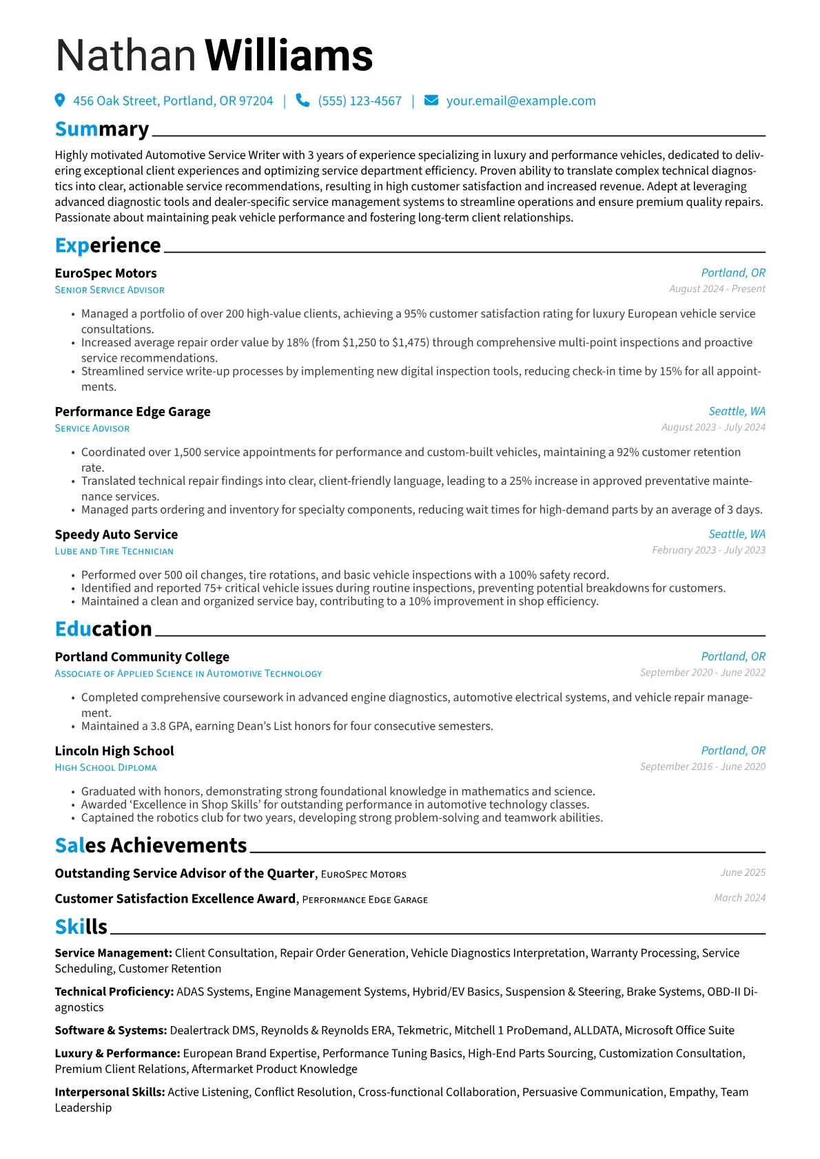 Automotive Service Writer resume example, Luxury & Performance, page 1