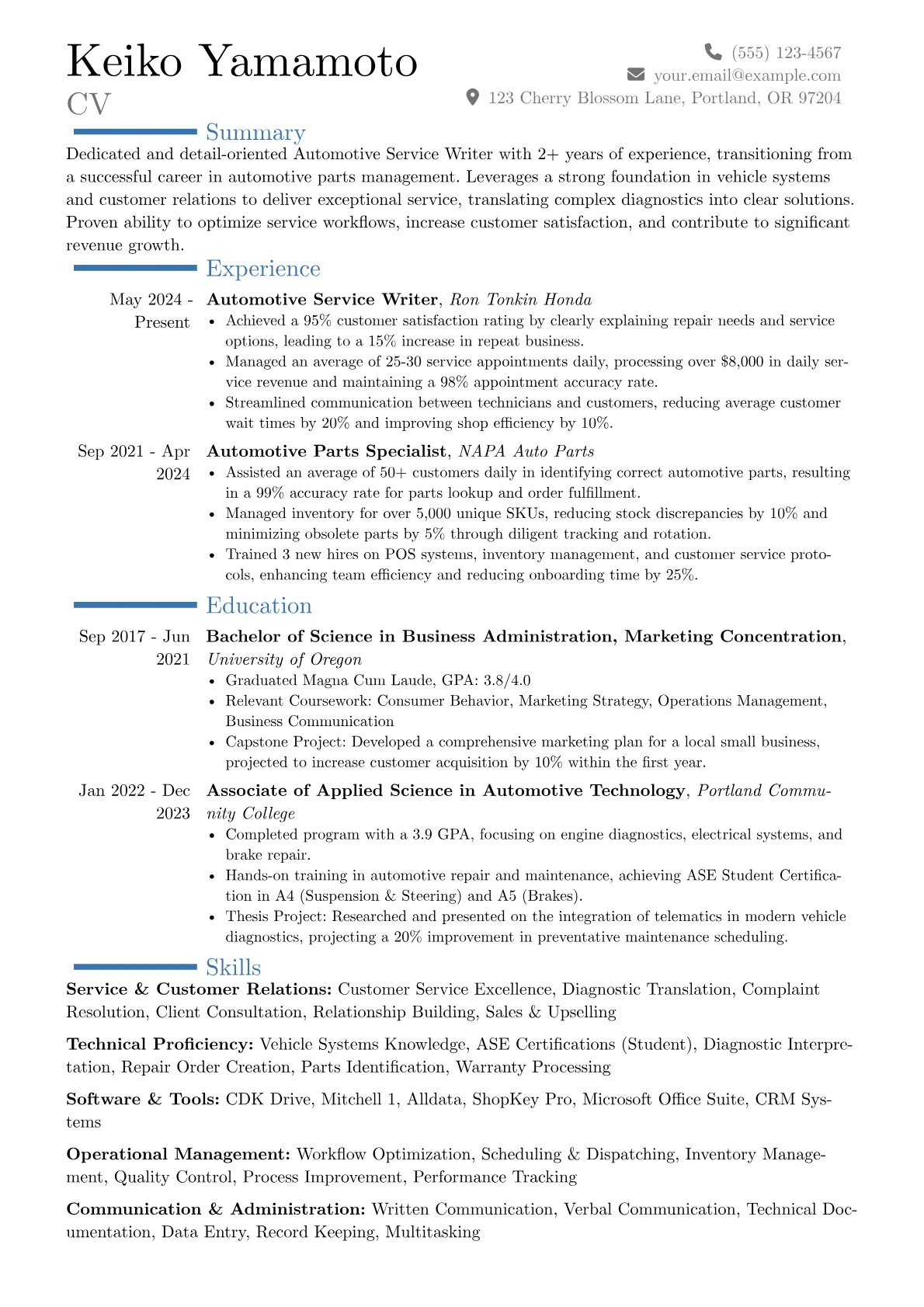 Automotive Service Writer resume example, Career changer, page 1