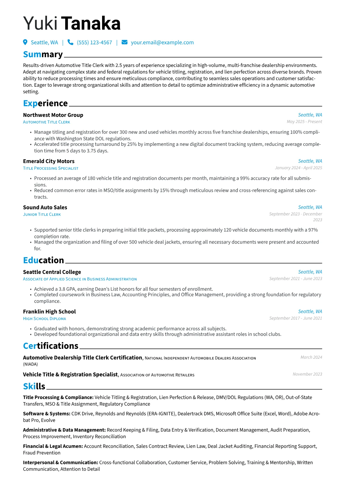 Automotive Title Clerk resume example, Automotive Title Clerk, page 1