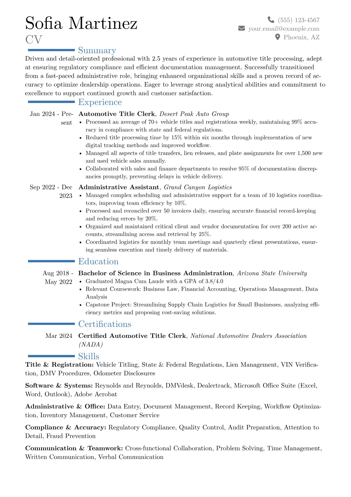 Automotive Title Clerk resume example, Career changer, page 1