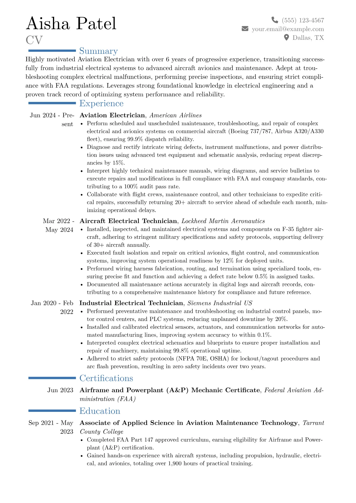 Aviation Electrician resume example, Career changer, page 1