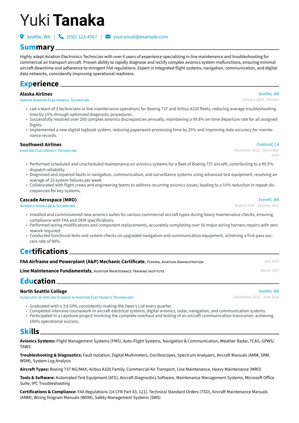 Aviation Electronics Technician resume example, Aviation Electronics, page 1