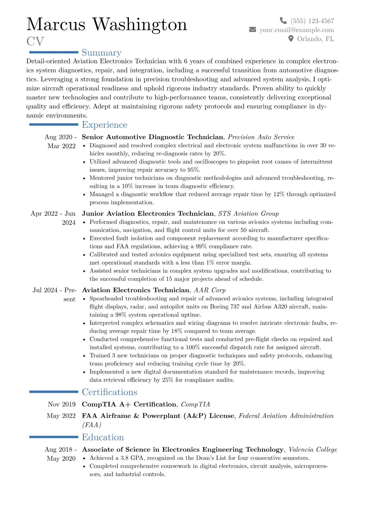 Aviation Electronics Technician resume example, Career changer, page 1