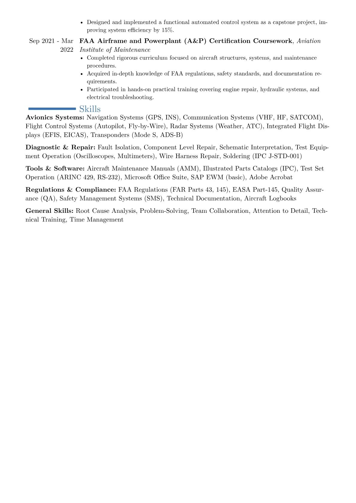 Aviation Electronics Technician resume example, Career changer, page 2