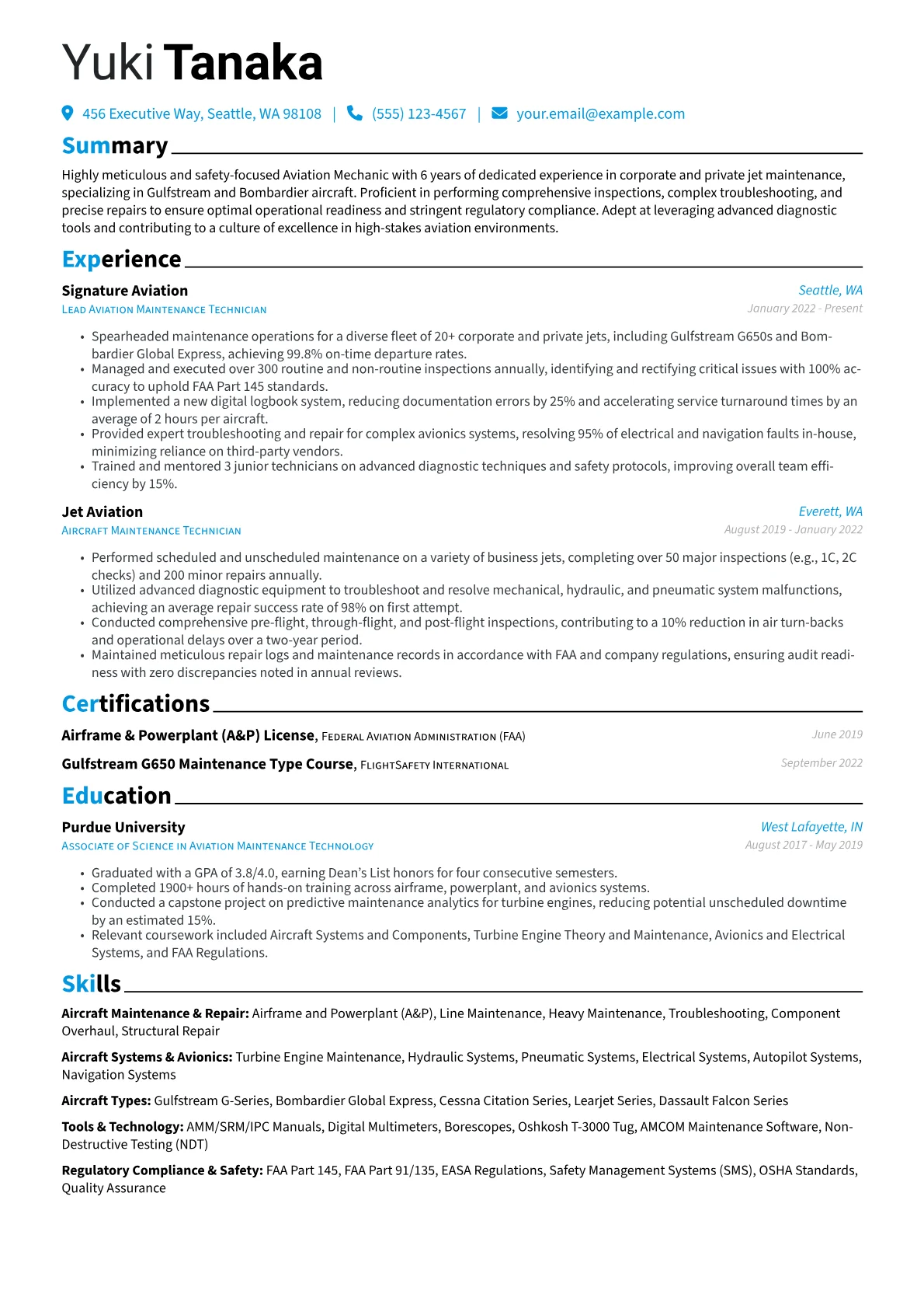 Aviation Mechanic resume example, Corporate Jet Specialist, page 1